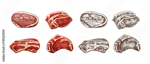 Hand-drawn colored and monochrome sketches of pieces of meat, pork or beef steak, chop meat, bacon, piece of meat cuts. Raw meat. Vintage illustration. Decorations for menu.