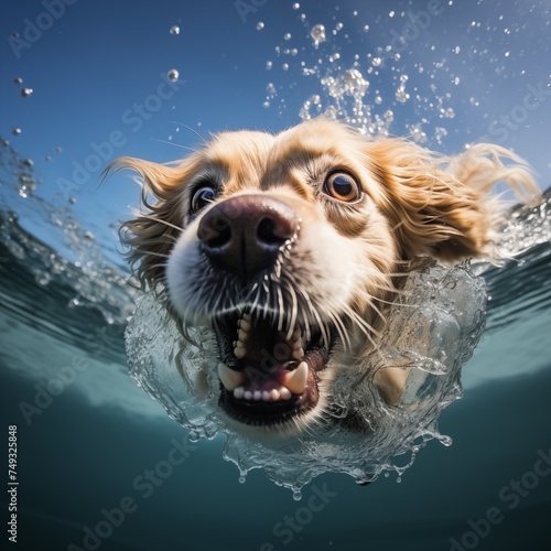 Golden retriever, labrador. Happy dog is swimming, jumping, diving deep down. Actions, training games with family pets and popular dog breeds on summer vacation. Underwater shoot
