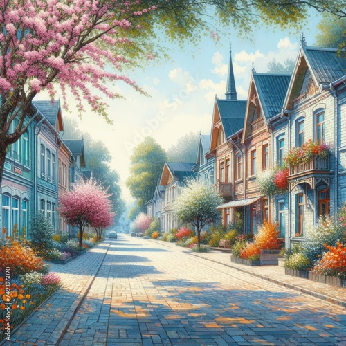 Quaint Town Street with Flowering Balconies Painting. Wallpaper , Wall art 