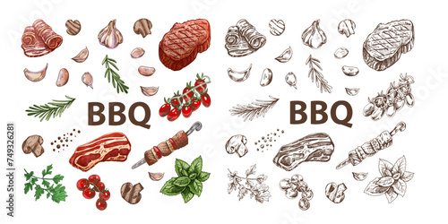 Set of hand-drawn colored and monochrome sketches of barbecue elements. For the design of the menu of restaurants and cafes, grilled food. Doodle vintage illustration. Engraved image.
