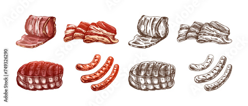 Set of hand-drawn colored and  monochrome sketches of meat pieces, bacon, ham, pork, sausage. Fresh meat products. For design of menu, butcher shop. Vintage engraved illustration..