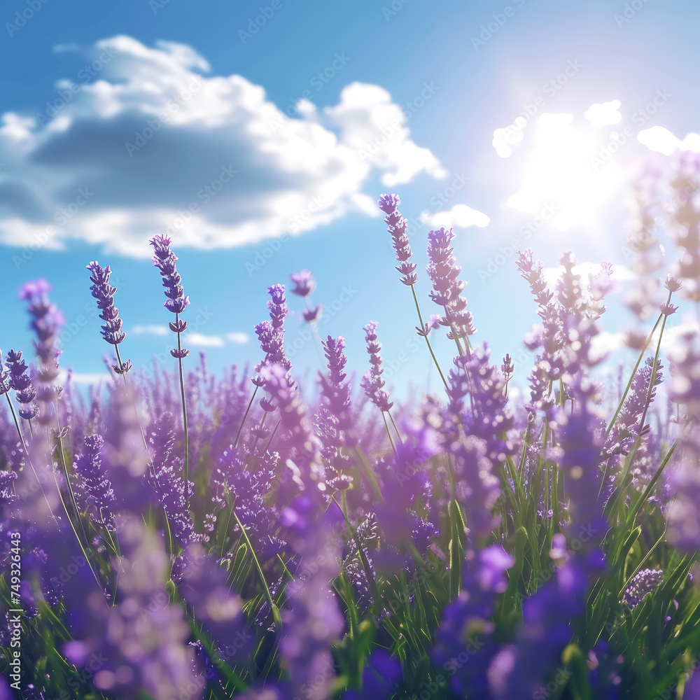 Obraz premium Close-up of lavender flowers against a blue sky. Aromatherapy and organic cosmetics concept. Generative AI