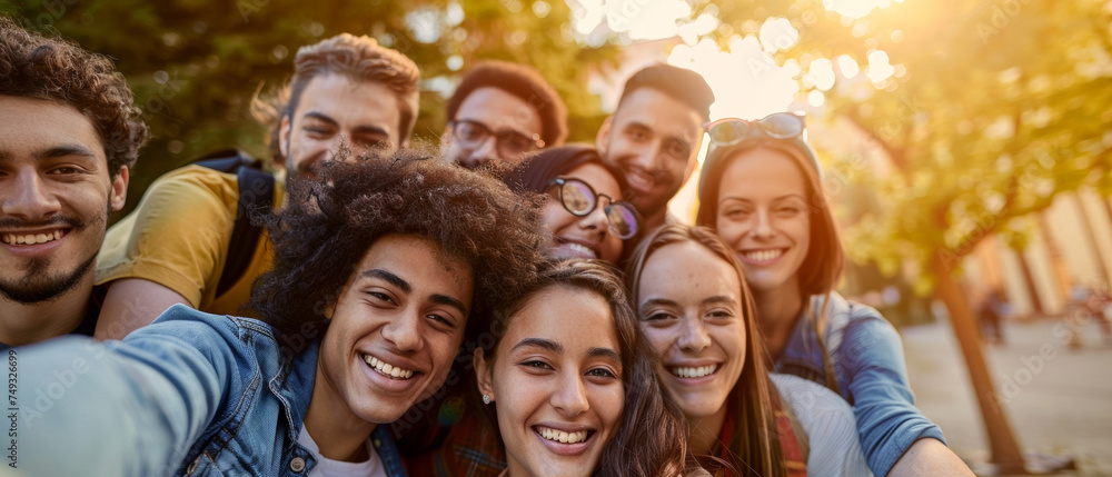 Joyous group of friends radiates warmth in a sunny, carefree selfie moment. Joyous group of friends radiates warmth in a sunny, carefree selfie moment.