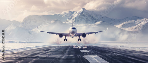 Commercial airplane landing on a snow-covered runway with mountains in the backdrop.
