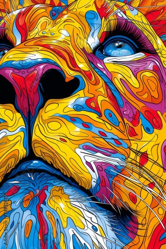 Close up on lion arty illustration colourful, generated with AI