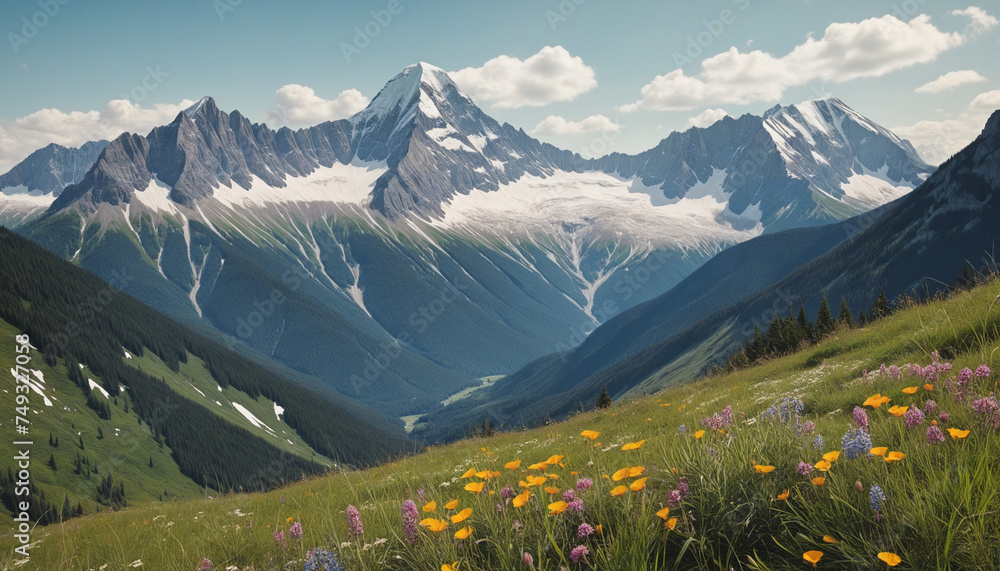 rugged mountain peaks covered in wildflowers with vintage feel isolated on a transparent background for design layouts