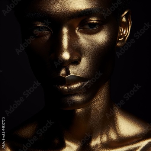 Black man with golden skin on black background. 