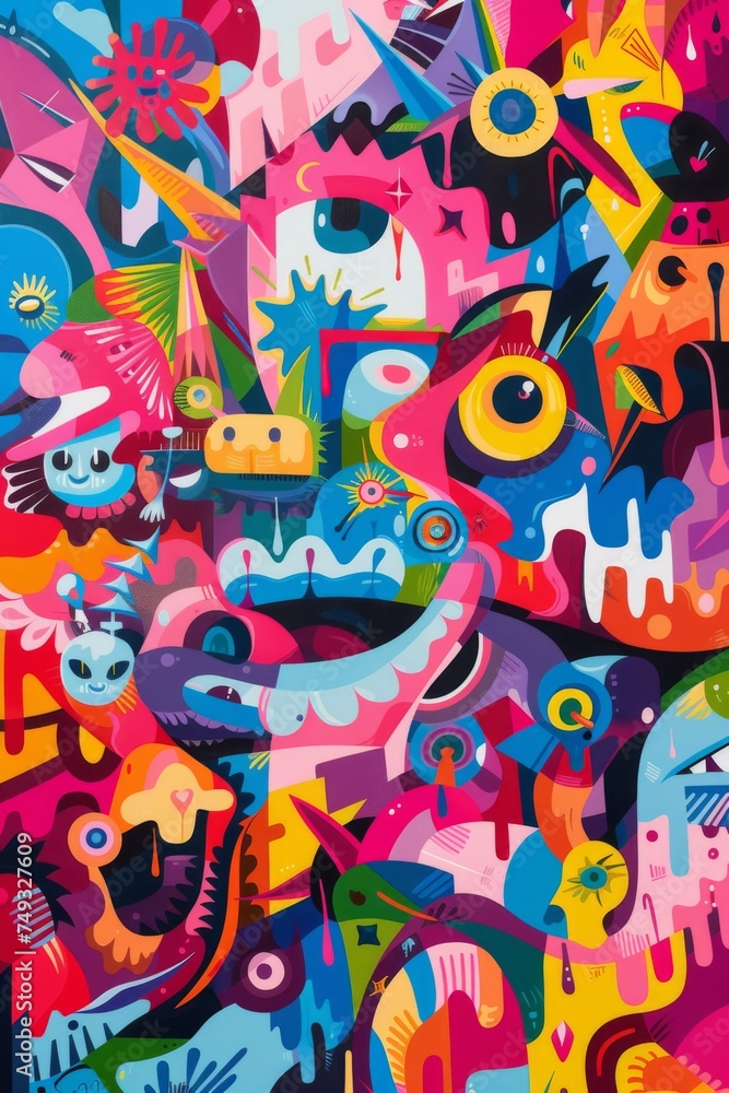 funny colourful chaos with abstract shapes and characters, graffiti style, generated with AI