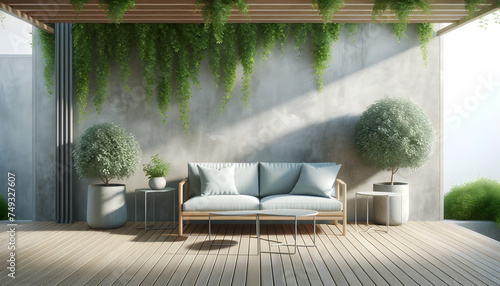 a minimalist outdoor seating area, a textured gray wall as the background, exhibiting subtle hints of wear for character. Over the wall, lush green ivy should hang from a horizontal trellis photo
