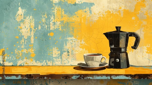 Vintage propaganda poster, a classic moka pot next to a cup of coffee, generated with AI