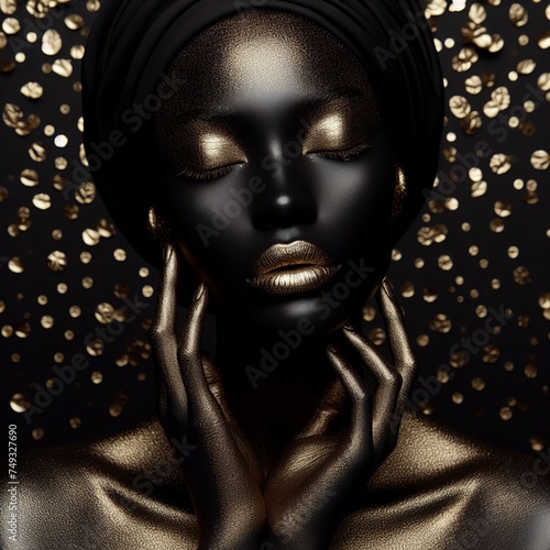 Portrait of a beautiful african woman with gold skin on a dark background