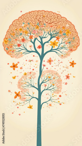 Human brain tree with flowers mental health illustration, self care concept, positive thinking, creative mind, free spirit, good vibes, freedom, Independence, well being, human health © aiximagination