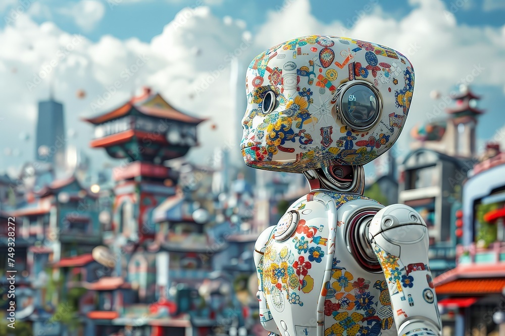AI robot made of ceramic adorned with traditional kitchenware patterns stands in a futuristic cityscape