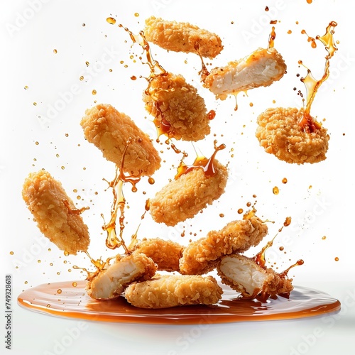 chicken nuggets flying in the air with sauce on a white background " AI-generated " 