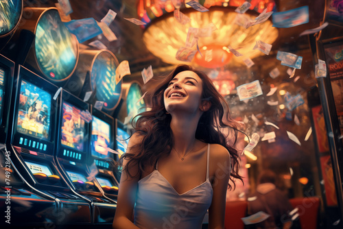 Joyful Young Woman in a Whirlwind of Winning Tickets