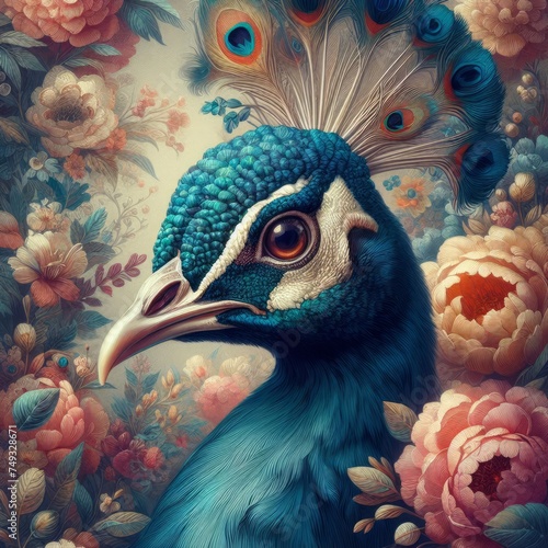 peacock, floral blooms, art, illustration, flowers, vibrant, bird, nature, artwork, beauty, elegant, wildlife, colorful, painting, feathers, peacock illustration, decorative, animal art, flora and fau