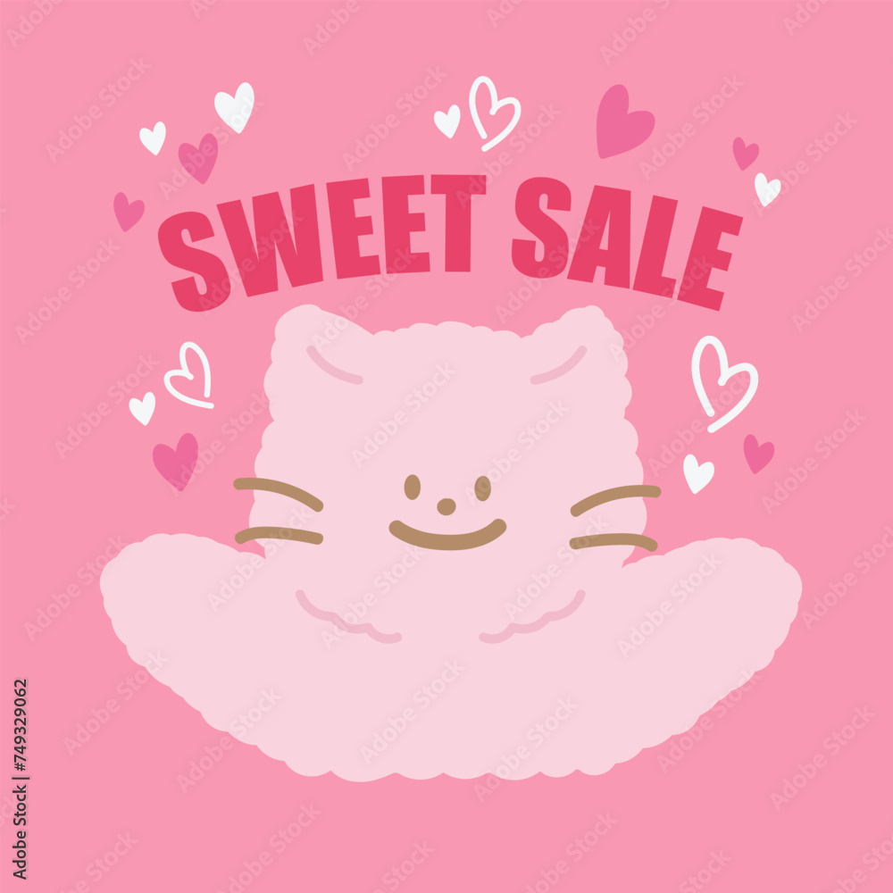 SWEET SALE letters, cat, heart on pink background for banner template, campaign, standee, wallpaper, backdrop, online shopping, promotion, discount sticker, brochure, Valentine, pet shop, animal food SWEET SALE letters, cat, heart on pink background for banner template, campaign, standee, wallpaper, backdrop, online shopping, promotion, discount sticker, brochure, Valentine, pet shop, animal food