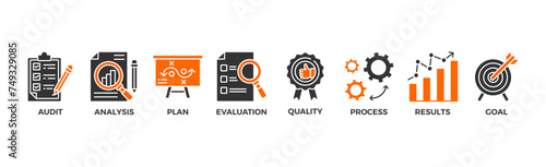 Assessment banner web icon vector illustration for accreditation and evaluation method on business and education with audit, analysis, plan, evaluation, quality,process,results and goal icon