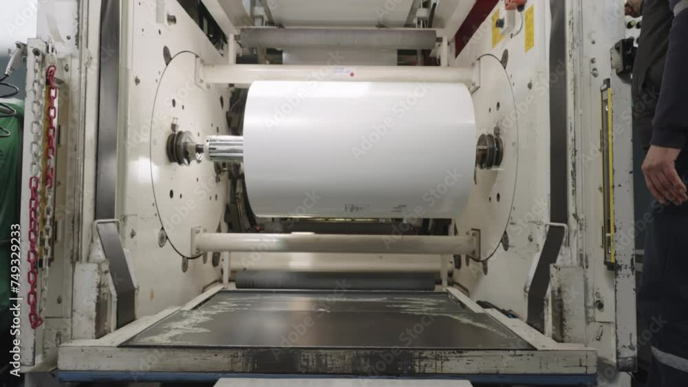 The placement of the raw label roll into the labeling machine at the label factory. The placement of the raw label roll into the labeling machine at the label factory.