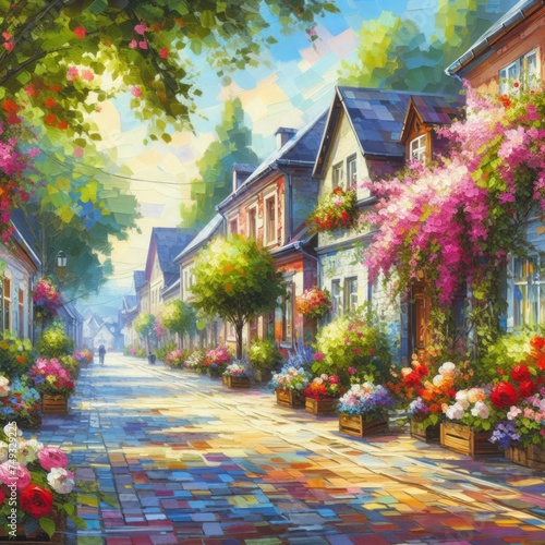 Quaint Town Street with Flowering Balconies Painting
