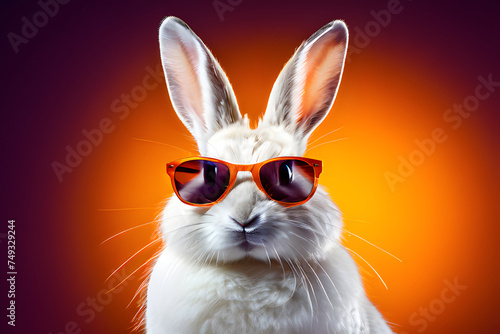Cool bunny with sunglasses on orange background, white rabbit is sitting on an orange background with sunglasses, generative ai