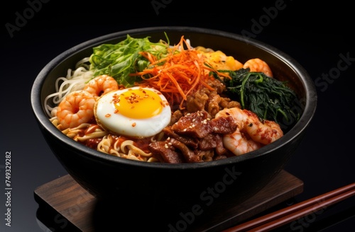 The korean noodle bowl with egg and vegetables, asian food.