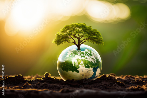 Renewable energy concept earth Day or environment protection  concept of earth protection day  green earth with tree  generative ai