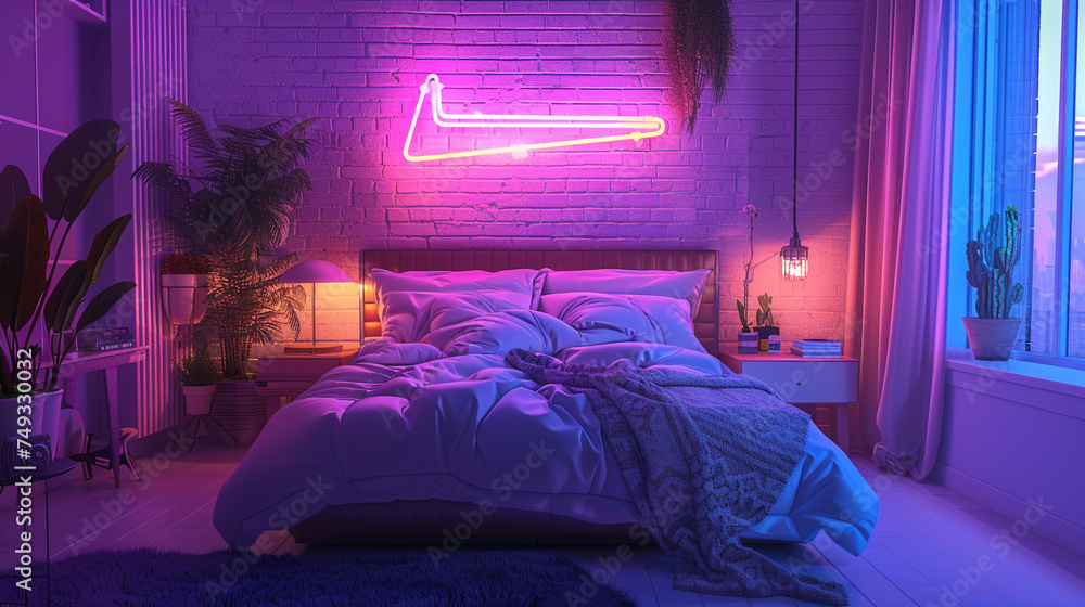 A neon-lit bedroom with a futuristic bed and glowing geometric patterns on the wall