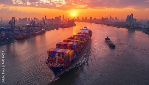 Aerial view of container cargo ship with working crane bridge at sunset