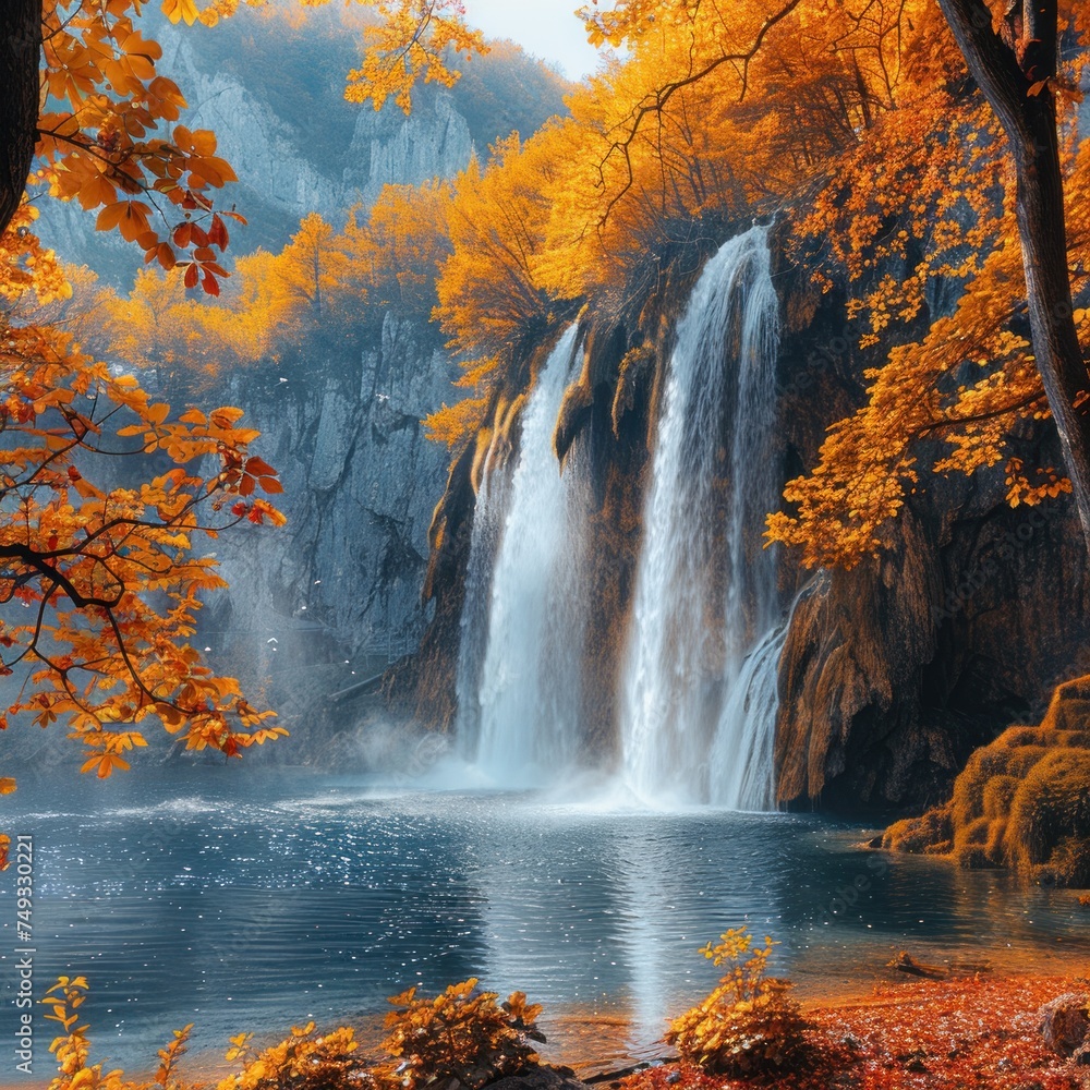 Amazing morning view of pure water waterfall in Plitvice National Park. Great autumn scene of Croatia, Europe Amazing morning view of pure water waterfall in Plitvice National Park. Great autumn scene of Croatia, Europe