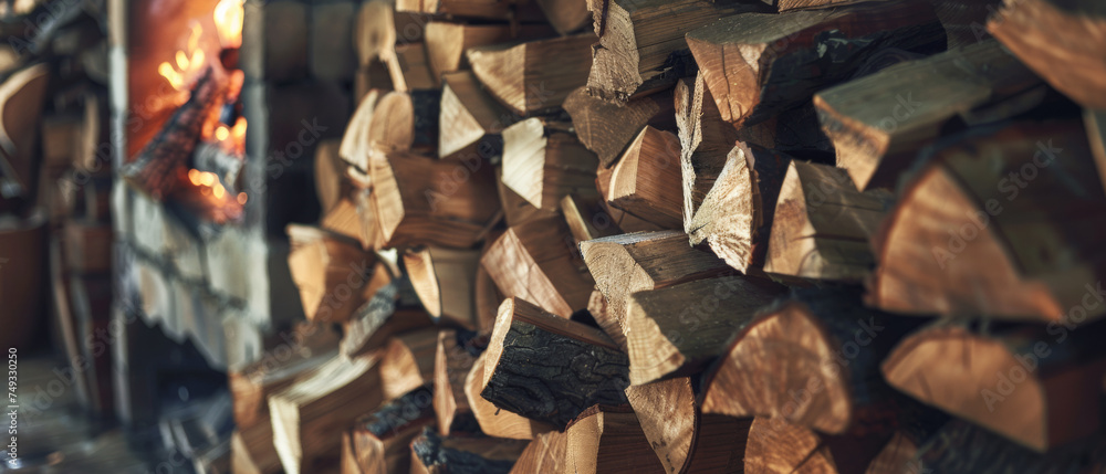 Crackling fireplace warming stacked firewood on a cold day. Crackling fireplace warming stacked firewood on a cold day.