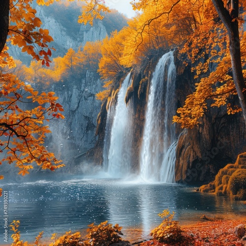 Amazing morning view of pure water waterfall in Plitvice National Park. Great autumn scene of Croatia  Europe