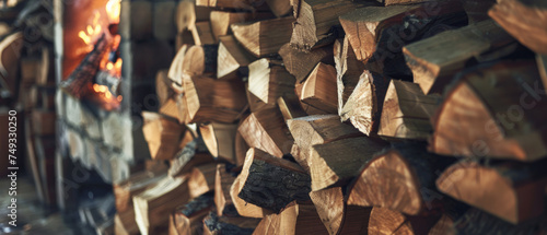 Crackling fireplace warming stacked firewood on a cold day.