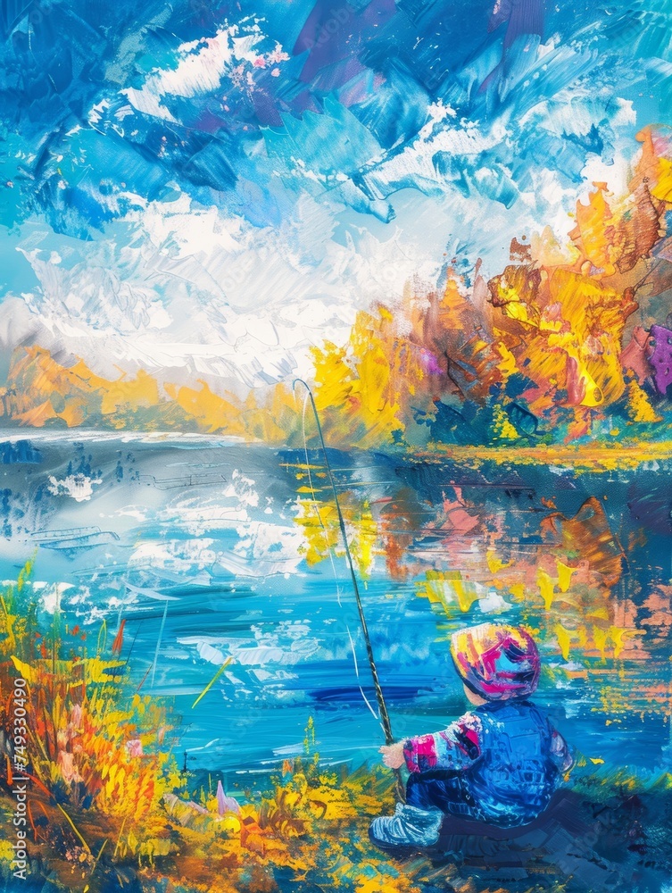 An expressive painting captures a child engrossed in fishing by a vibrant lakeside, with brisk brushstrokes highlighting the tranquil atmosphere.