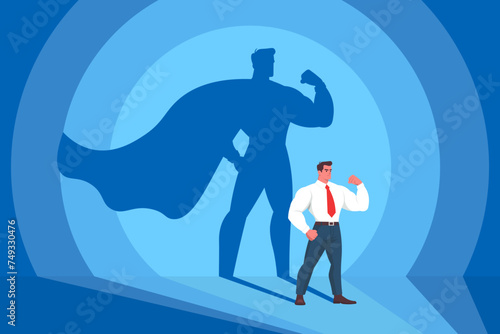 strong and confident businessman with a superhero shadow, concept of successful leadership, power of leadership motivate and inspire employees, drive innovation, and achieve organizational goals.