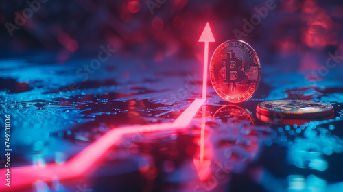 Bitcoin gold coin with futuristic neon glow blue and red and arrow, tech and finance growth concept background