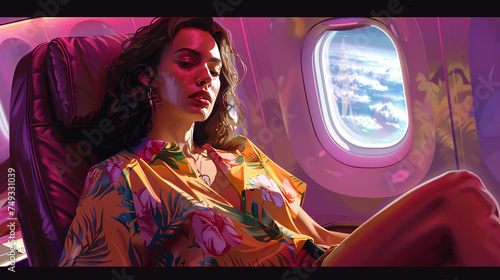 
Uma bela mulher em um avião de primeira classe, vestindo uma camisa havaiana e parecendo de ressaca photo