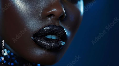 Glamorous black glossy lips close-up. Half-open African female model mouth expresses sensuality and sexuality. Toned image. Beauty and fashion concept.