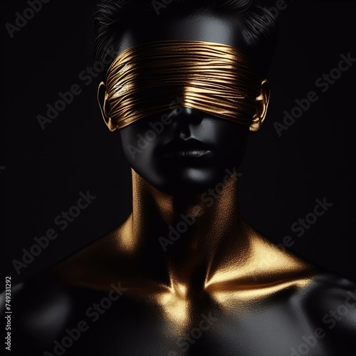 Beautiful man with gold blindfold on her eyes. 