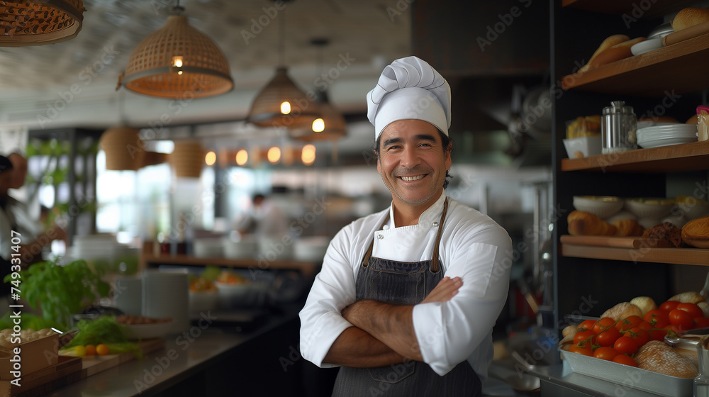 Smiling mature chef with arms crossed at the kitchen