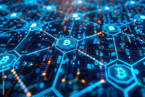 Close-up of neon blue cryptographic codes and blockchain data, a backdrop for the secure and anonymous nature of cryptocurrency