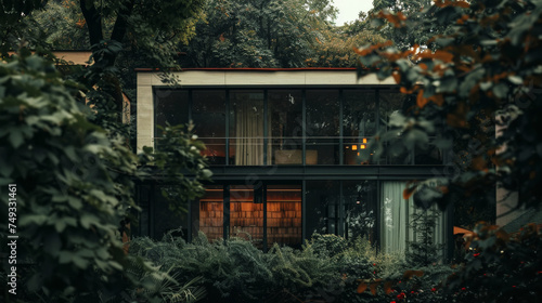 Exterior of dark mysterious luxury villa surrounded with trees. Quiet place for live. Generative AI