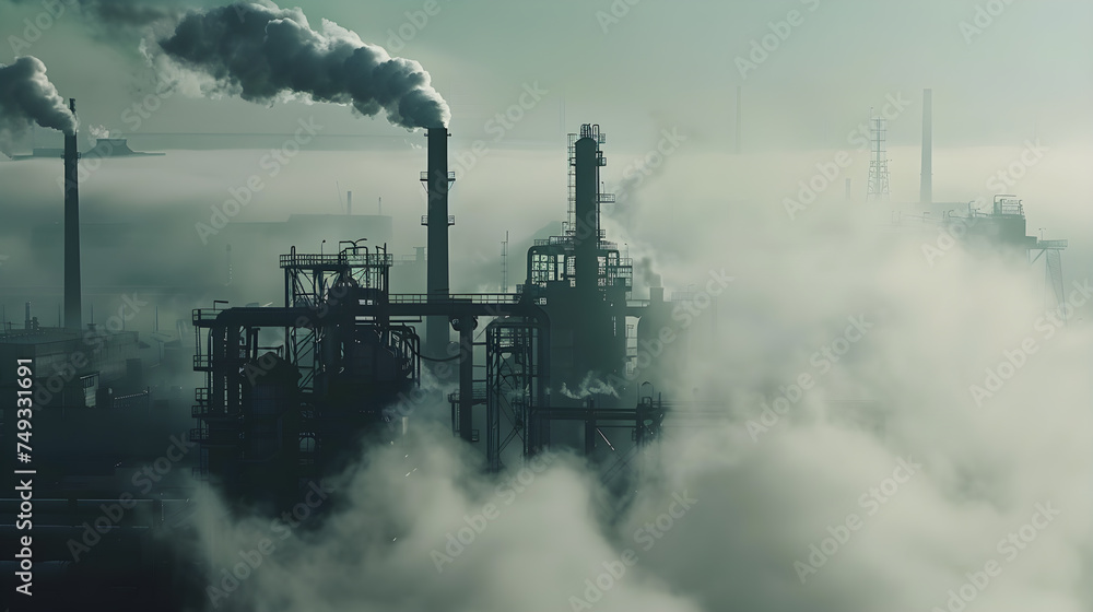 Exhaust smoke emitted from industrial factory pipes, concept of air pollution and social problems.