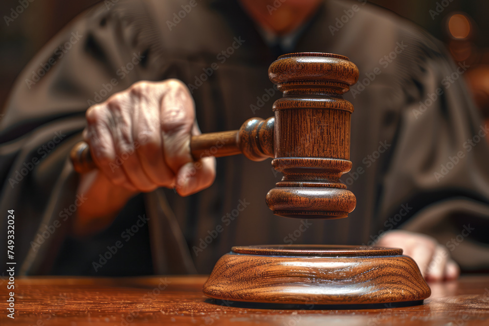 Close-up of a judge's hand holding a sentencing gavel giving a just verdict according to the law. courtroom concept. Close-up of a judge's hand holding a sentencing gavel giving a just verdict according to the law. courtroom concept.