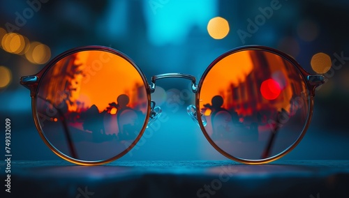 Stylish sunglasses reflecting vibrant city nightlife