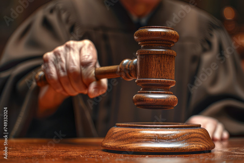 Close-up of a judge's hand holding a sentencing gavel giving a just verdict according to the law. courtroom concept.