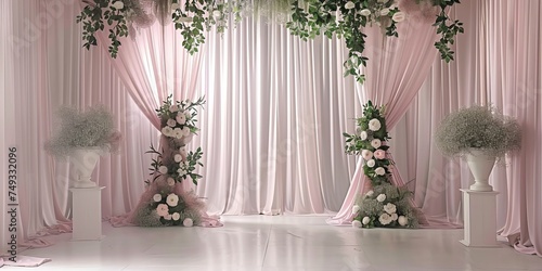 Elegant wedding decor with pink curtains and white flowers