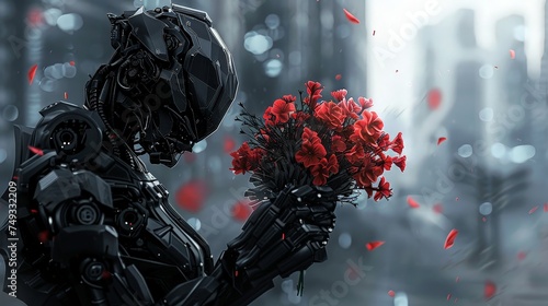 Black machinic Gargoyle robot holding a bouquet of vivid red flowers amidst a dark blurred cyber war photo