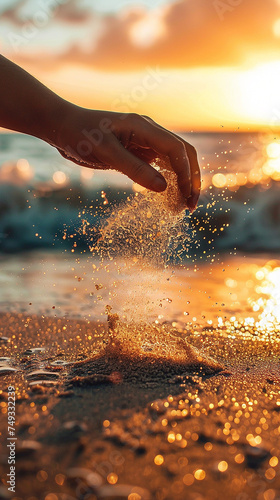  mão deixando cair areia na praia, luz contra a hora dourada, fotografia bela composição