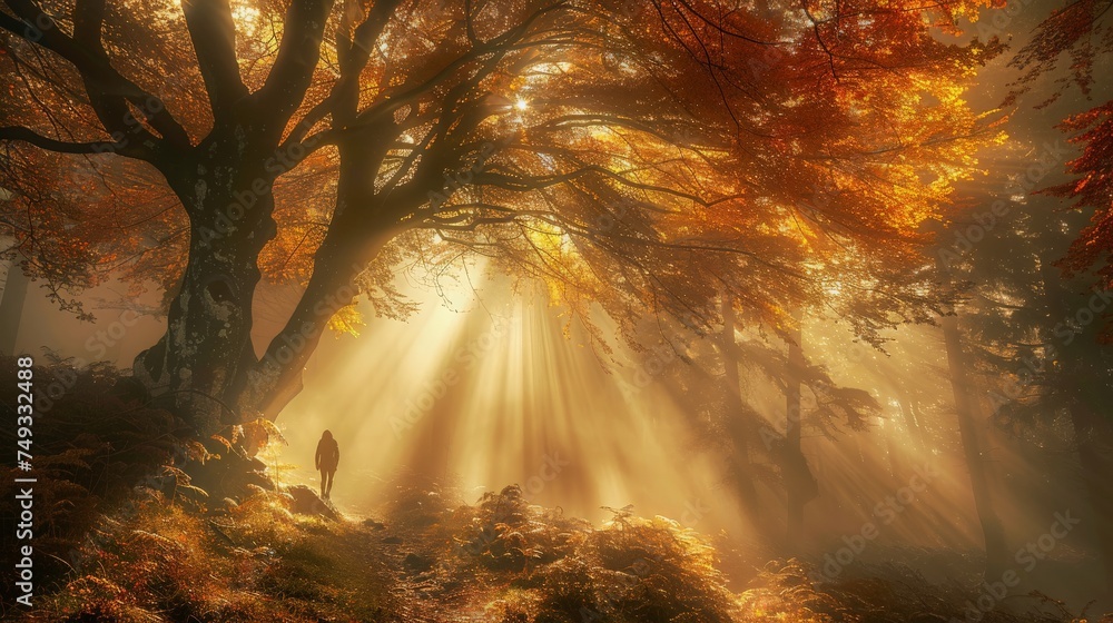 Mystical ethereal forest landscape with sunbeam lighting up the golden environment